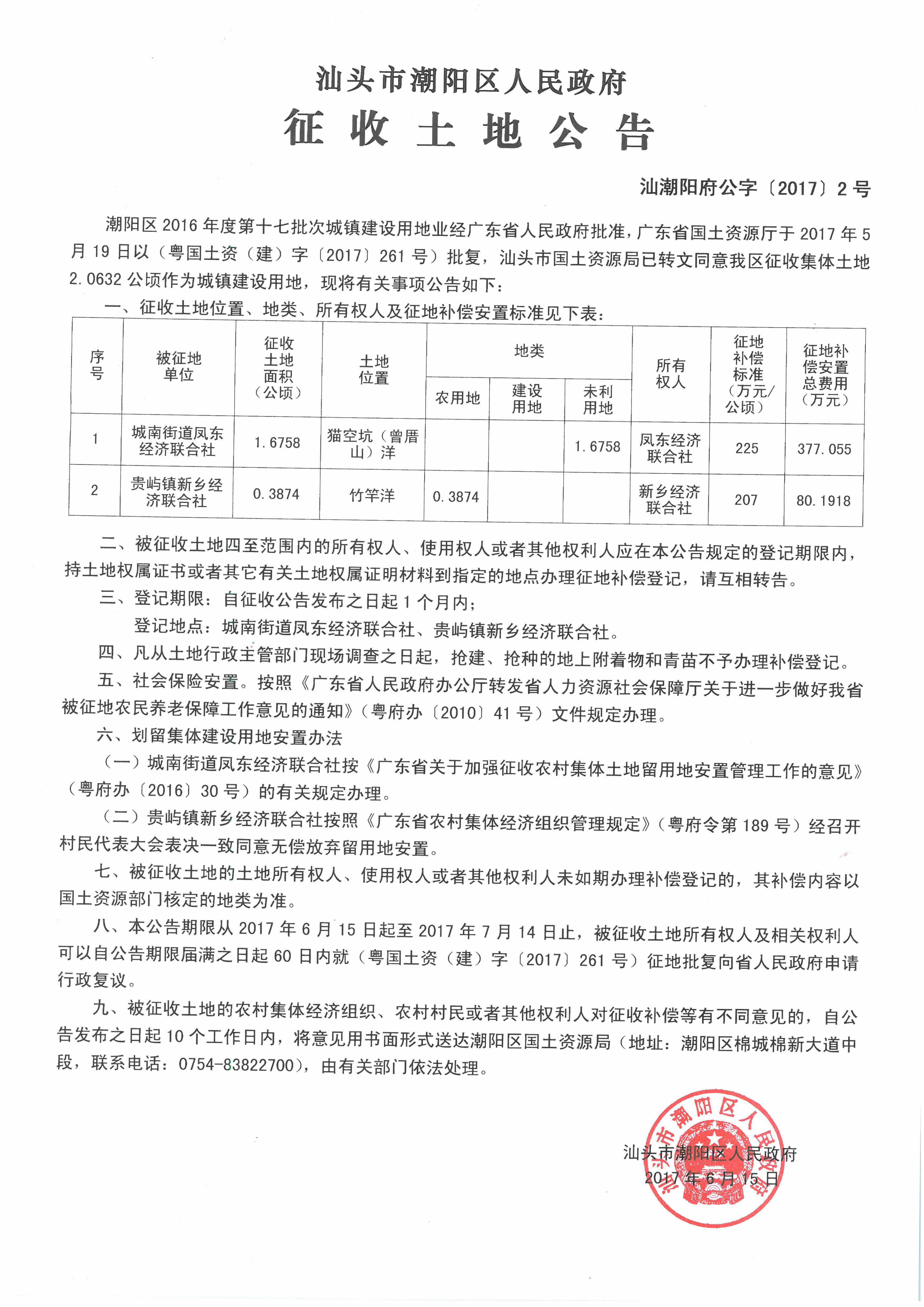 征收土地公告（汕潮阳府公字[2017]2号）
