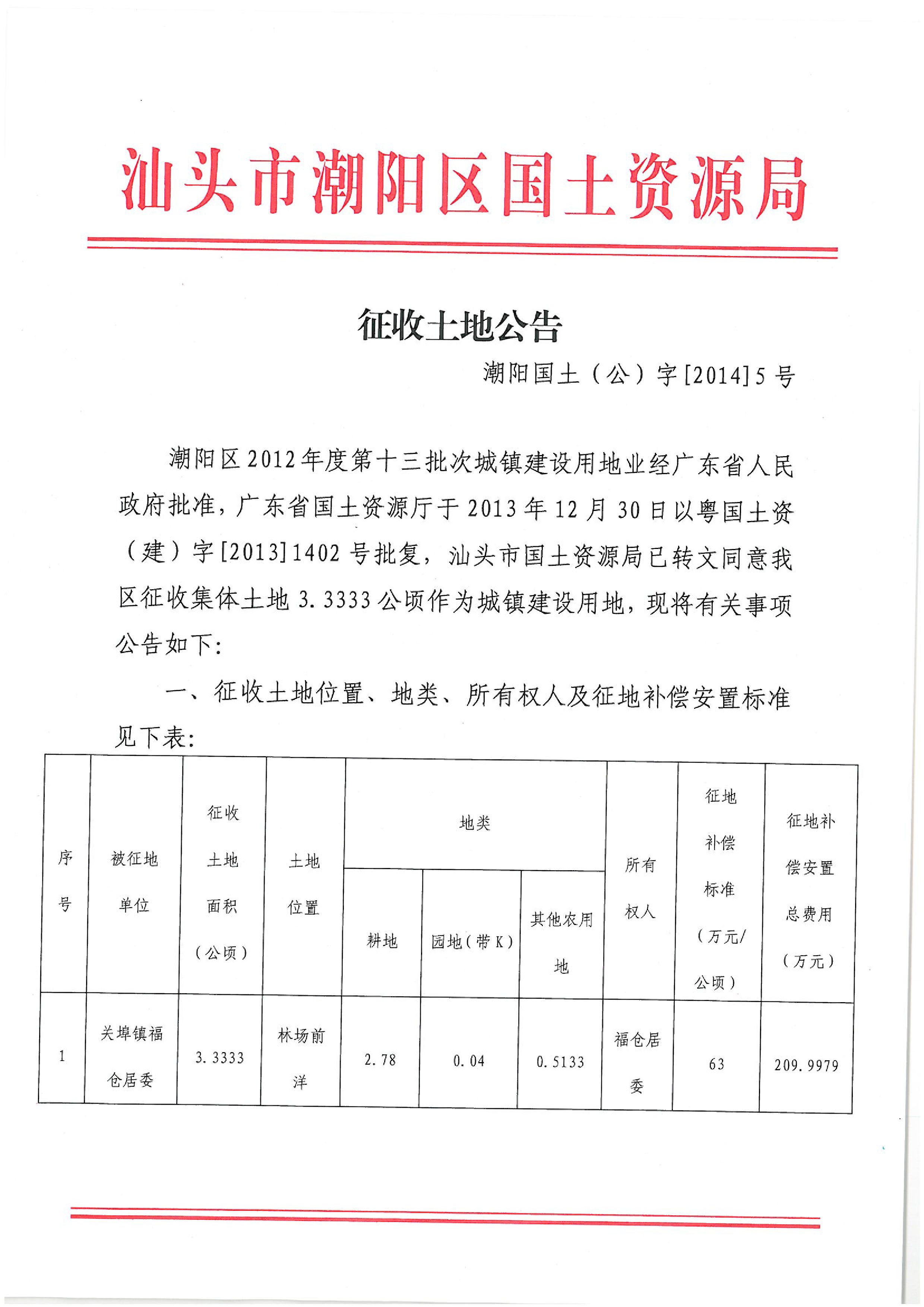 2012年度第十三批次征地公告