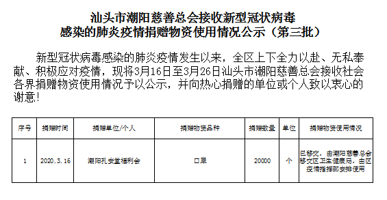 4.汕头市潮阳慈善总会接收新型冠状病毒感染的肺炎疫情捐赠物资使用情况公示（第三批）.png